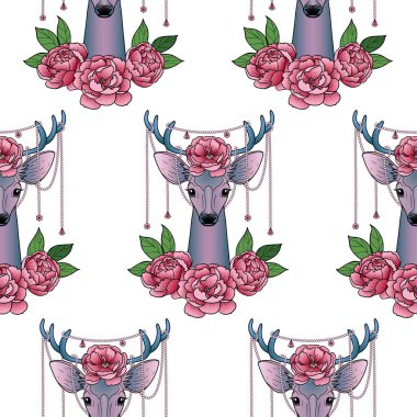 Geyik ve Peonies Seamless Modeli