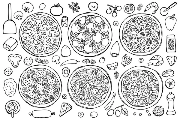 Conjunto de pizza desenhada à mão —  Vetores de Stock