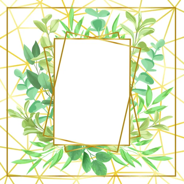 Gold Geometric Frame and Greenery — Stock Vector