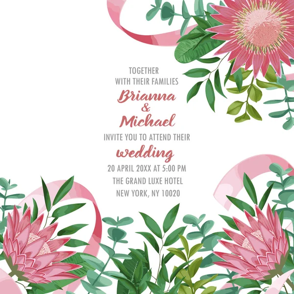 Invitación de la boda con Protea y verdor — Vector de stock