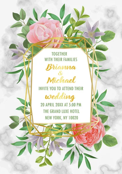 Invitación de la boda con flores y vegetación en mármol — Vector de stock