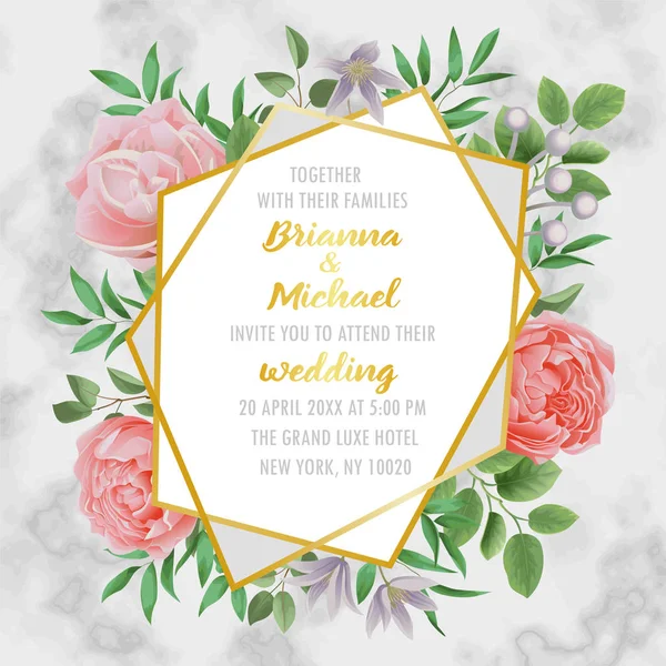 Invitación de la boda con flores y vegetación en mármol — Vector de stock