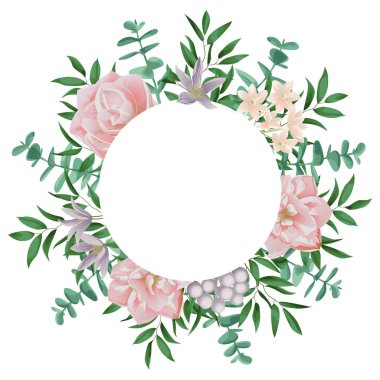 Yuvarlak çerçeve ve pembe çiçekler ile şablonu