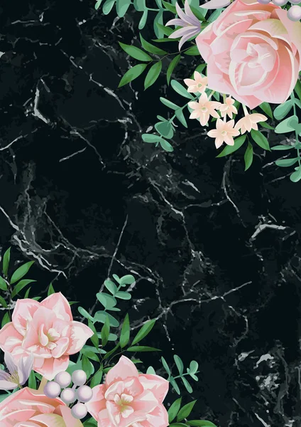 Plantilla de lujo con flores rosadas en mármol negro — Vector de stock