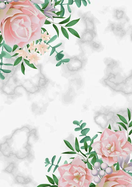 Plantilla de lujo con flores rosadas en mármol blanco — Vector de stock