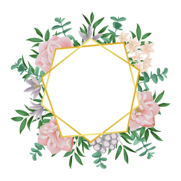 Modelo com moldura geométrica dourada e flores cor de rosa —  Vetores de Stock