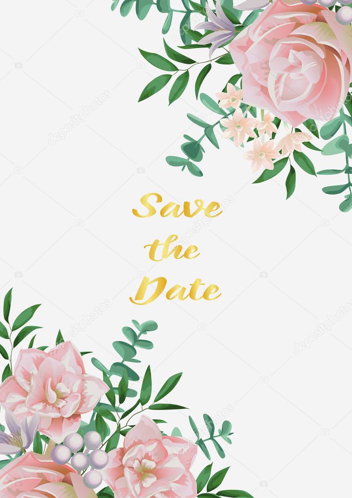 Save the Date Card with Pink Flowers and Greenery