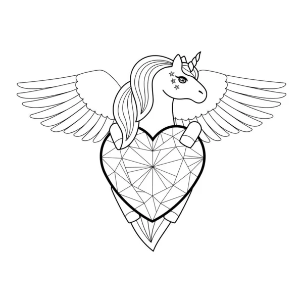 Единорог с сердцем и крыльями. Векторный контур — стоковый вектор