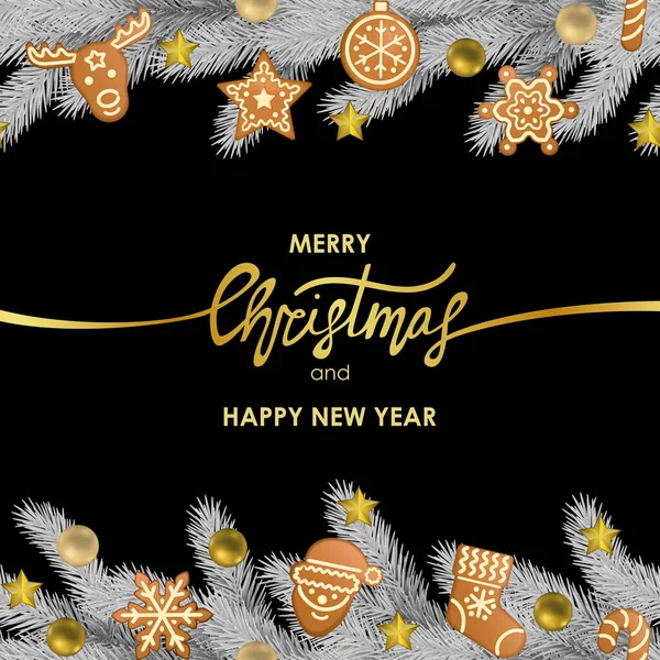 Tarjeta de felicitación de Navidad y Año Nuevo con pan de jengibre — Vector de stock