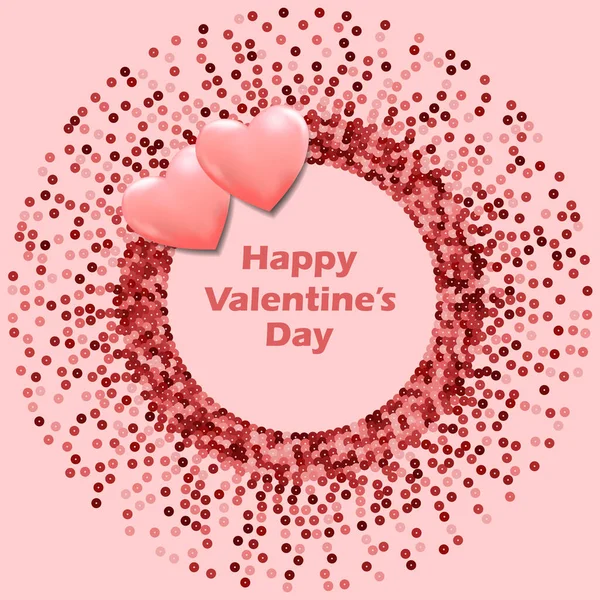 Pink Sequins Vector Round Frame with Hearts. Happy Valentines Day Card — Stock Vector