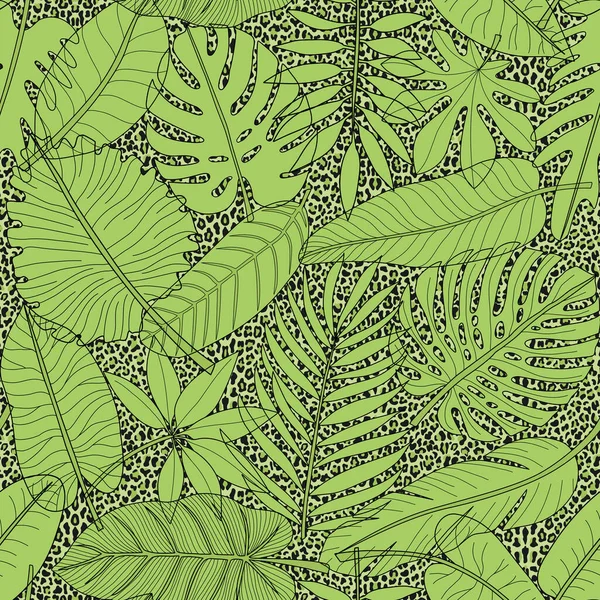 Feuilles de plantes tropicales vert motif sans couture sur fond léopard — Image vectorielle