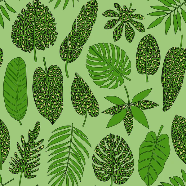 Листья тропических растений с бесшовным рисунком леопарда — стоковый вектор