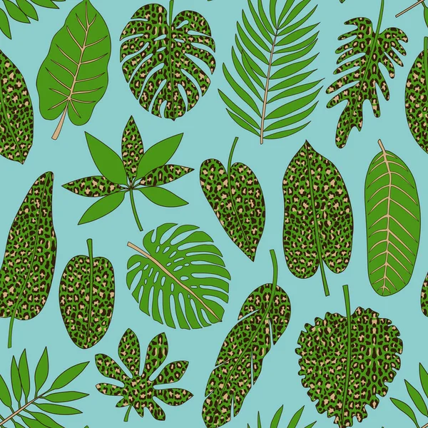 Листья тропических растений с бесшовным рисунком леопарда — стоковый вектор