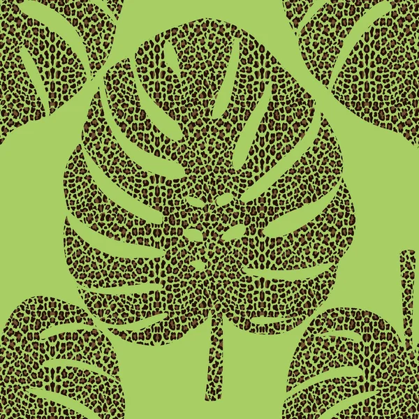 Monstera Leaves with leopard found seamless pattern — стоковый вектор