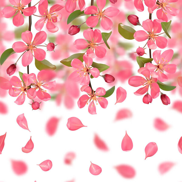 Pink blossoming cherry and falling petals with bokeh effect seamless border