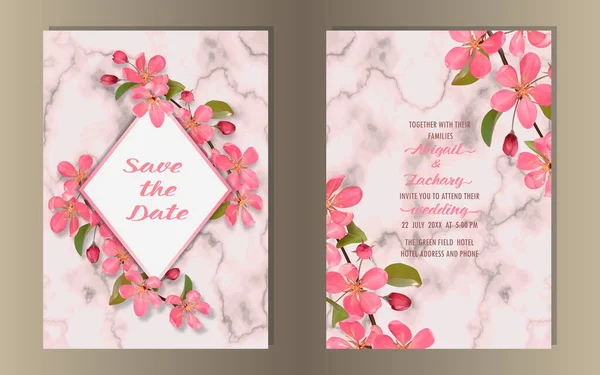Bruiloft Uitnodiging template set met roze kersenbloesem en marmer — Stockvector