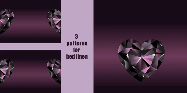 Patterns with black crystal heart for bed linen set — Διανυσματικό Αρχείο