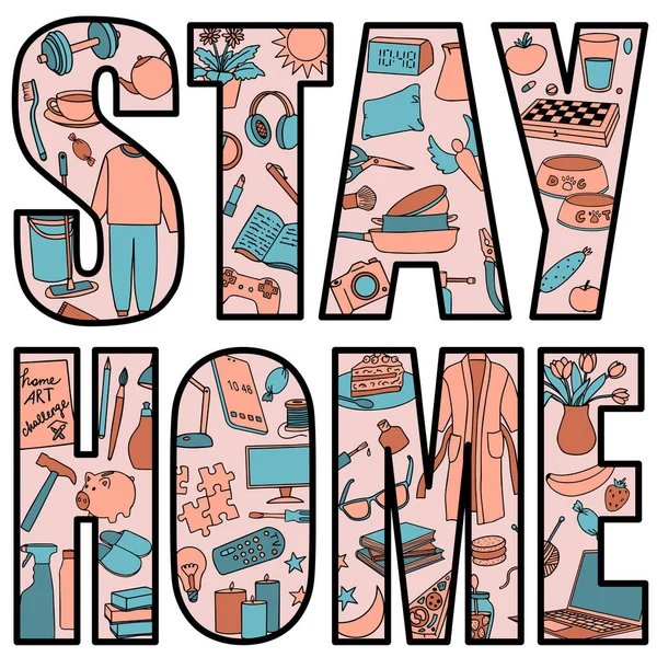 Ilustración del vector Stay Home con objetos domésticos dibujados a mano — Vector de stock