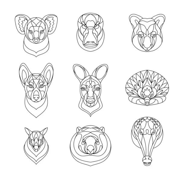 Australian animals outline coloring set. Vector illustration — Stock Vector