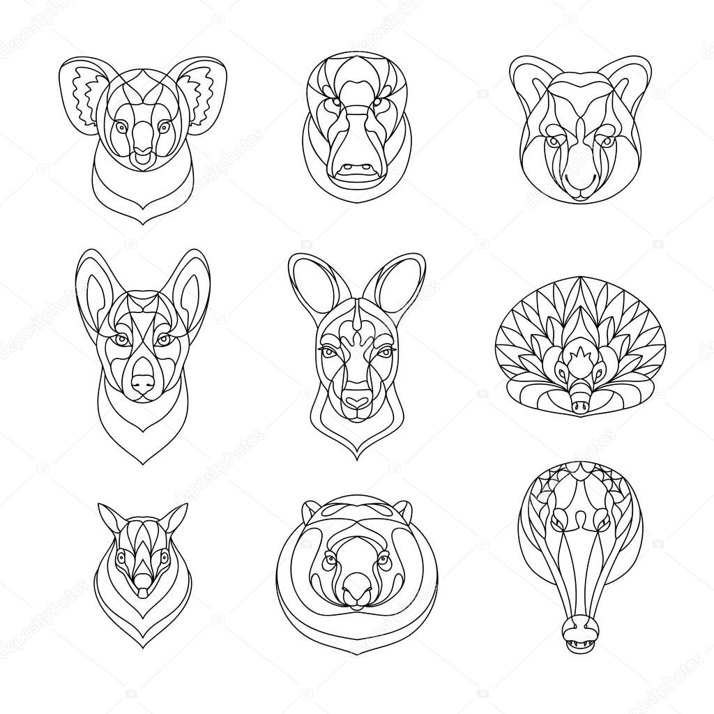 Australian animals outline coloring set. Vector illustration
