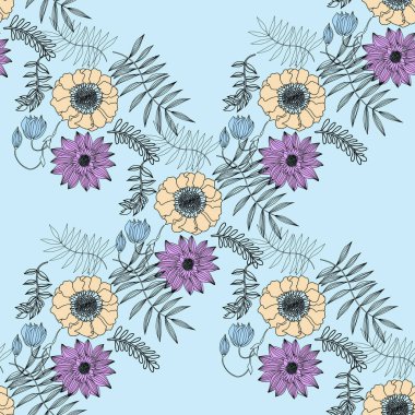 Parlak yaprakları ve mavi arka planda çiçekleri olan kusursuz bir desen.