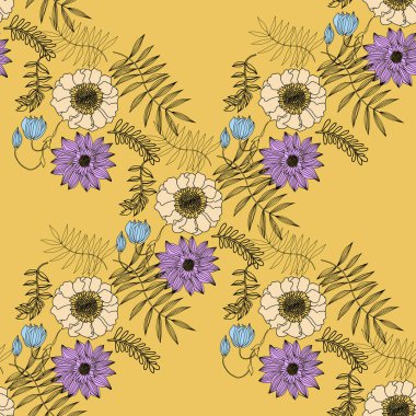 Açık sarı arka planda yaprakları ve çiçekleri olan kusursuz bir desen.