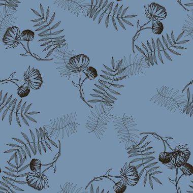 Parlak yaprakları ve mavi arka planda çiçekleri olan kusursuz bir desen.