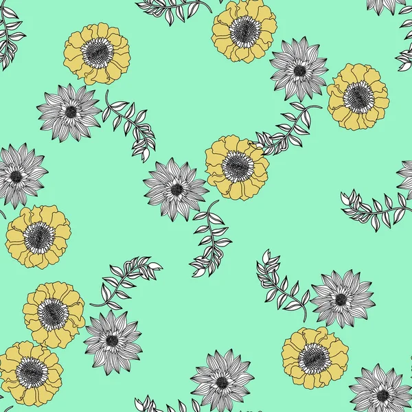 Nahtloses Muster Mit Hellen Blättern Und Blüten Auf Hellgrünem Hintergrund — Stockfoto