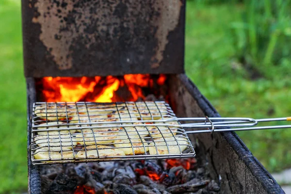 Kartoffelscheiben Liegen Einem Metallenen Grillrost Feuer Kamin Kochen Urlaub — Stockfoto