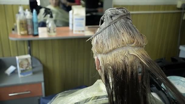 Jovencita Pintada en el pelo en un salón de belleza — Vídeo de stock