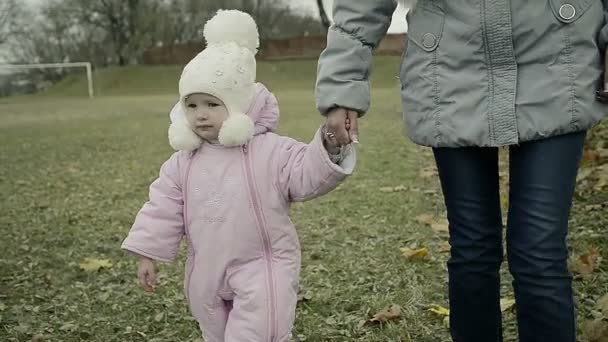 Мать с маленьким ребенком гуляет на свежем воздухе в парке — стоковое видео