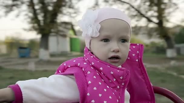 Close Up Happy Little Girl Riding on a Swing in the Park — Stock Video