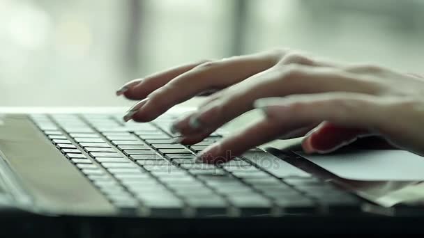 Weibliche Hand schreibt eine Nachricht auf Laptop in einem Café am Fenster — Stockvideo