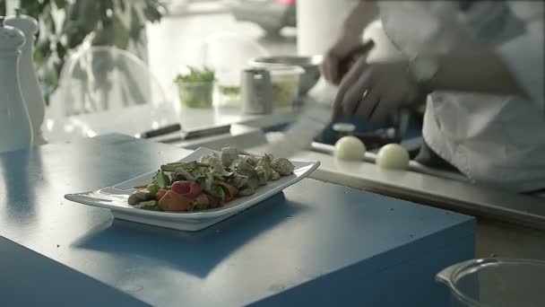 Primo piano dello chef in cucina Piatto di verdure cotte con carne — Video Stock