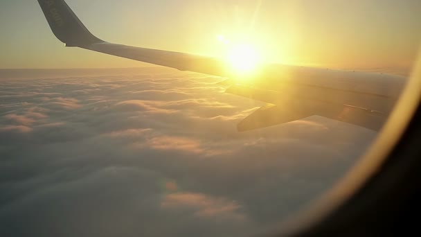 A repülőgép fedélzetén kilátás az ablakból az absztrakt napkelte — Stock videók