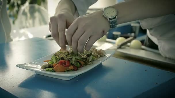 Koch in der Küche kochte Gemüsegericht mit Fleisch im Restaurant — Stockvideo