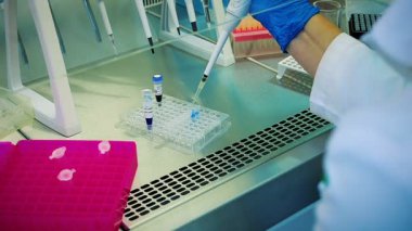 Yakın çekim bilim adamı laboratuvarda virüslerin biyolojik araştırmalar yapar 