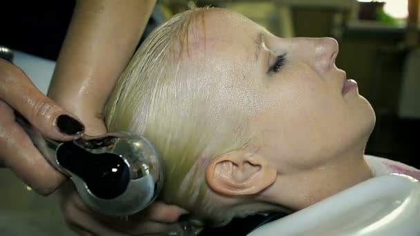 Stylista zbliżenie mycia włosów szamponem w salonie piękności — Wideo stockowe