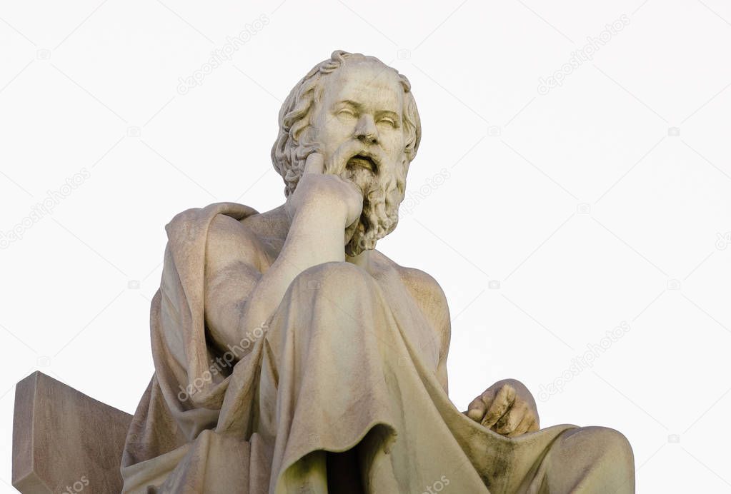 Close-Up marble statue of the Greek philosopher Socrates on a white background.
