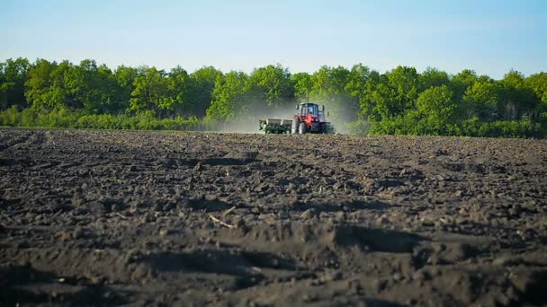 Αγρότης σπέρνει το πεδίο με σπόρους καλαμποκιού στο τρακτέρ — Αρχείο Βίντεο