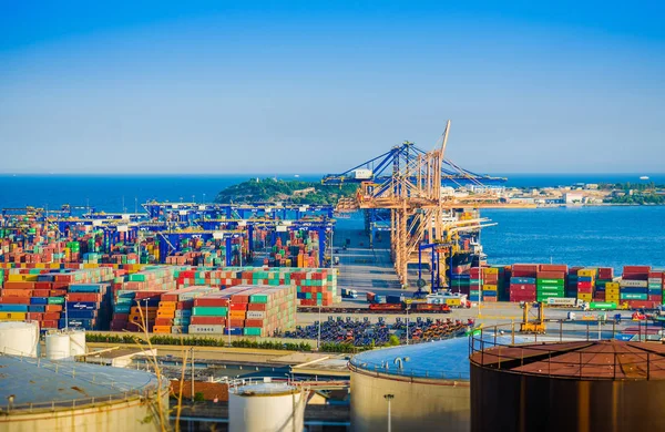 Work in a large cargo port view from top. — Stock Photo, Image