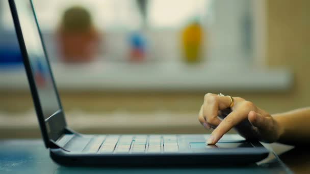 Décryptages Une main féminine utilisant le pavé tactile de l'ordinateur portable assis à la table à la maison en arrière-plan de la fenêtre — Video