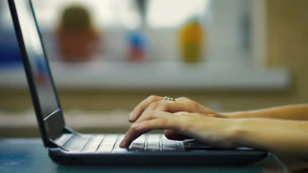 Slow Motion: Close-up van vrouwelijke handen langzaam wordt tekst afgedrukt op het toetsenbord van laptop thuis op de achtergrond van het venster — Stockvideo