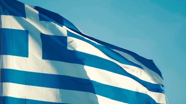 Slow Motion Close National Greek Flag Flying Wind Background Blue — Stock Video