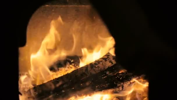 Slow Motion Close Male Hand Opens Fireplace Door Throws Log