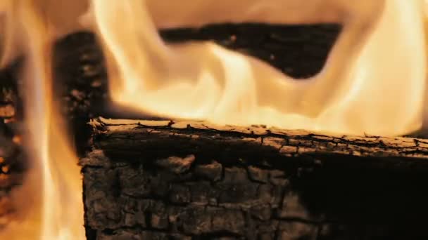 Gros plan d'un feu mange lentement des bûches de bois dans la cheminée au ralenti .