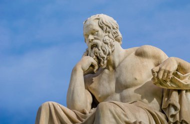 Close-up of a greatest philosopher of Greece Socrates reflects on the meaning of life on the background of blue sky. clipart