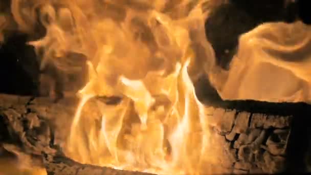 Gros plan d'une flamme de feu dévore les bûches de bois derrière le verre de la cheminée au ralenti .