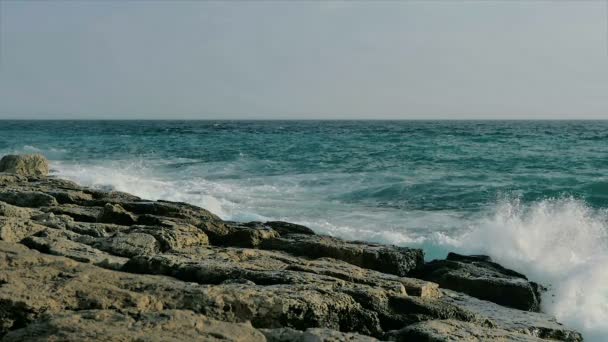 Slow Motion Sea Waves Splash Rocky Seashore View — Stock Video