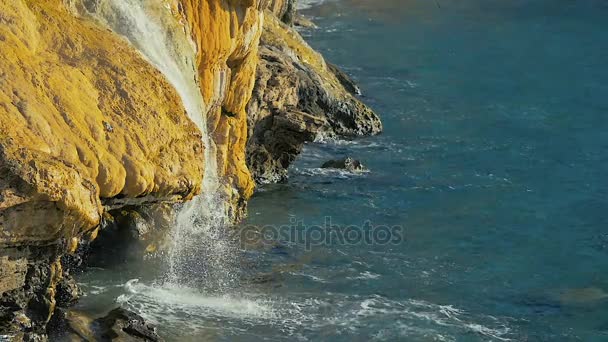 Slow Motion Mountain Waterfall Slowly Flows Sea View — Stock Video